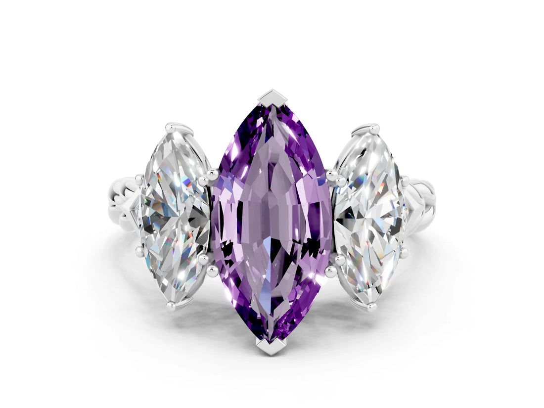 White gold Three-Stone Marquise Cut Amethyst Braided Band Ring with Four-Prong Setting_12