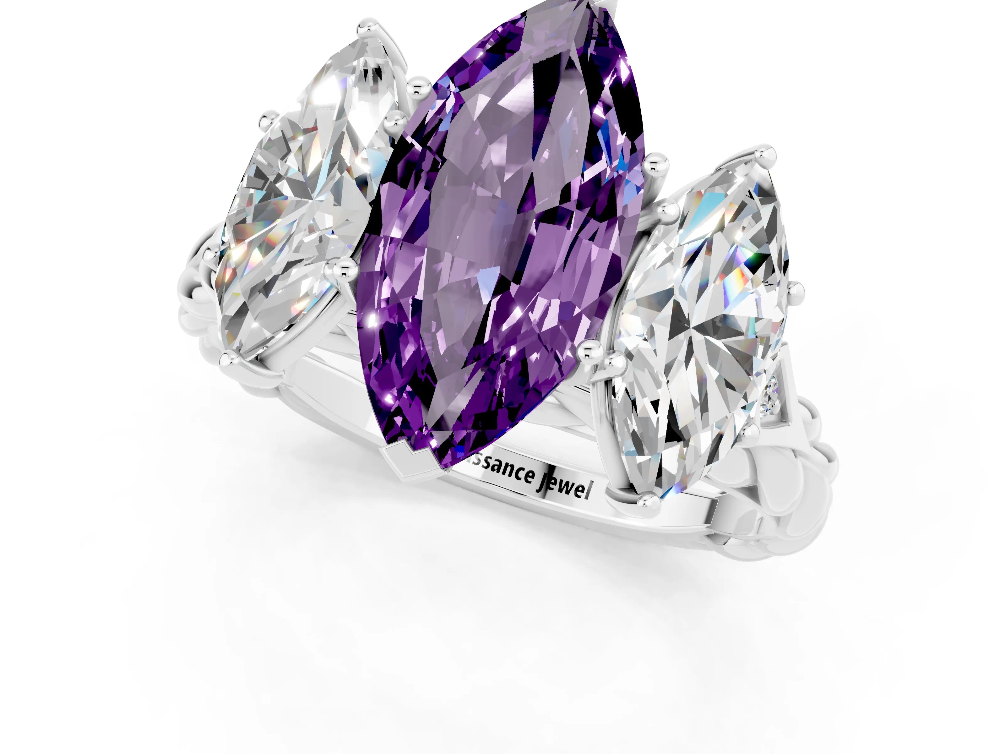 White gold Three-Stone Marquise Cut Amethyst Braided Band Ring with Four-Prong Setting_13