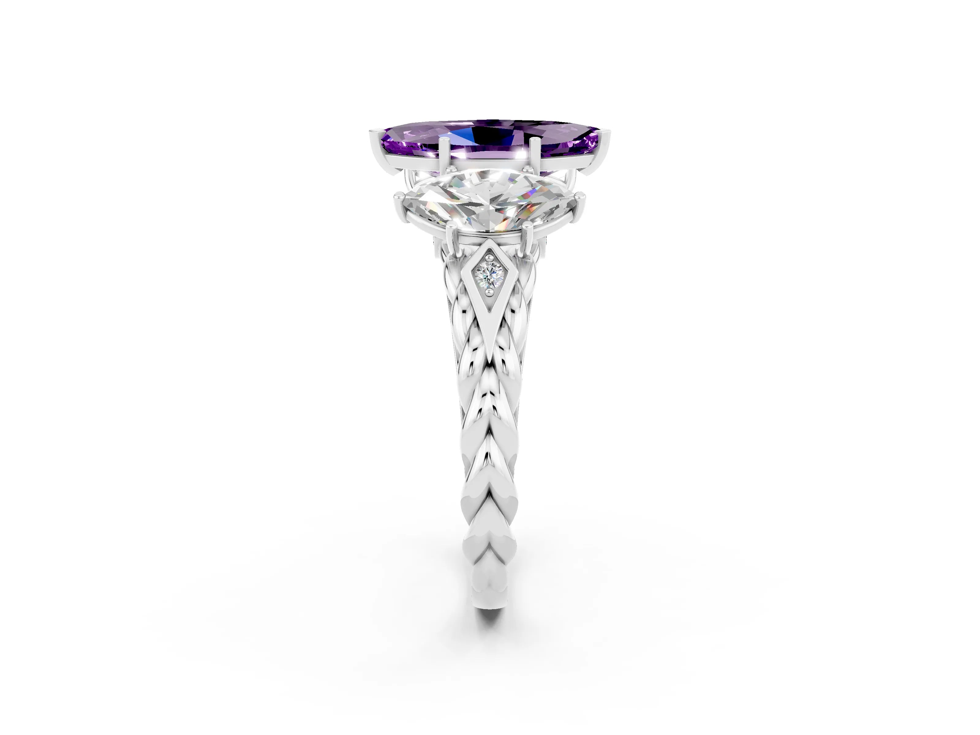 White gold Three-Stone Marquise Cut Amethyst Braided Band Ring with Four-Prong Setting_14