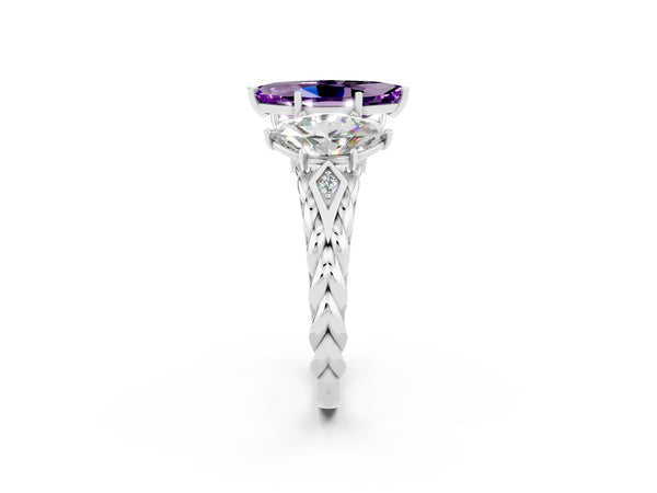 Silver Three-Stone Marquise Cut Amethyst Braided Band Ring with Four-Prong Setting