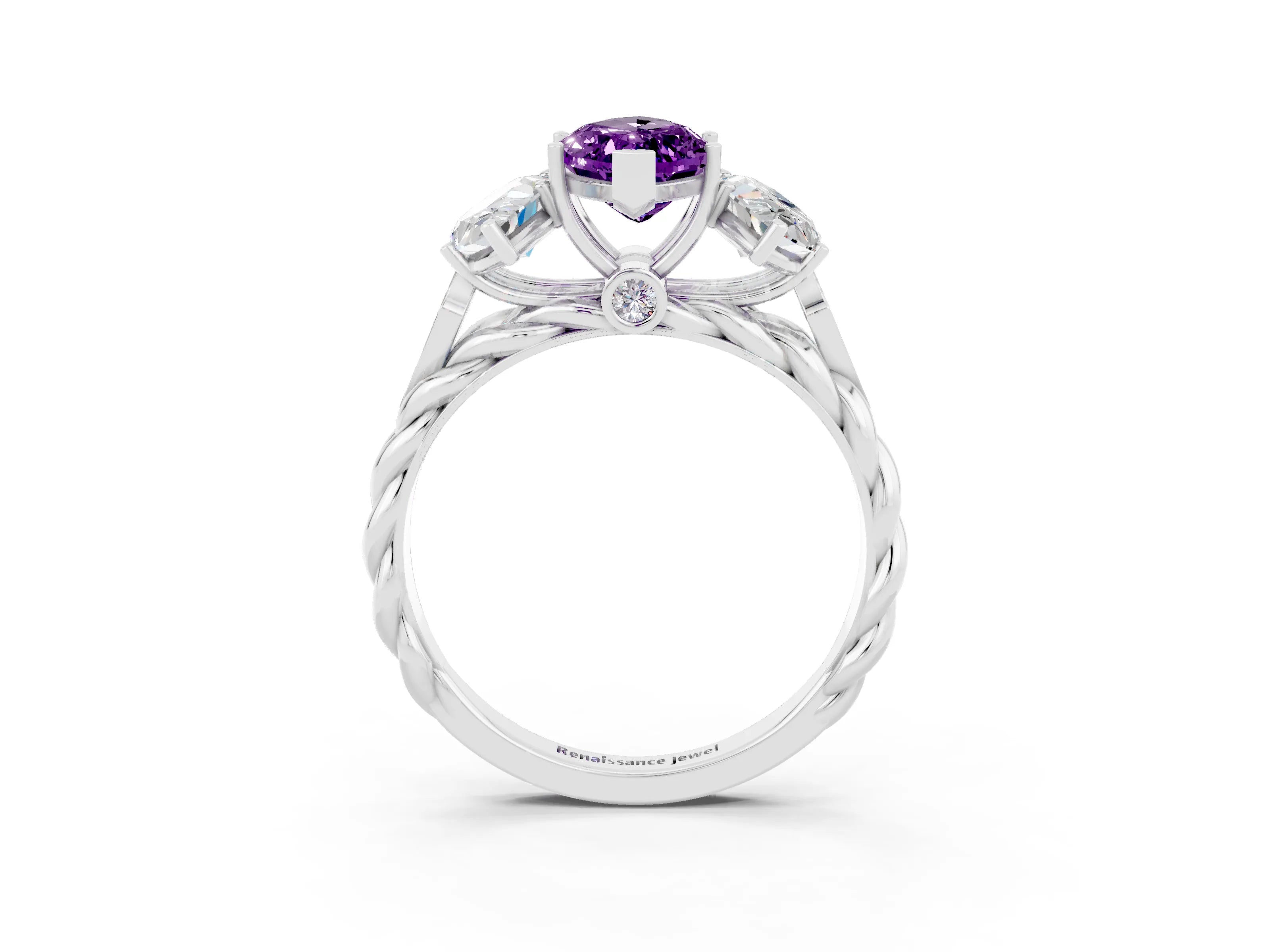 White gold Three-Stone Marquise Cut Amethyst Braided Band Ring with Four-Prong Setting_15