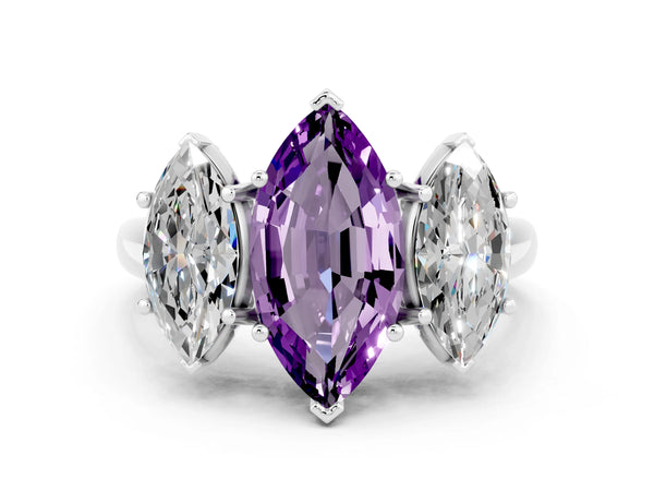 Platinum Three-Stone Marquise Cut Amethyst Engagement Ring with Prong Setting