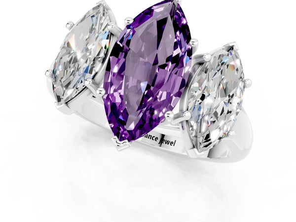 Platinum Three-Stone Marquise Cut Amethyst Engagement Ring with Prong Setting