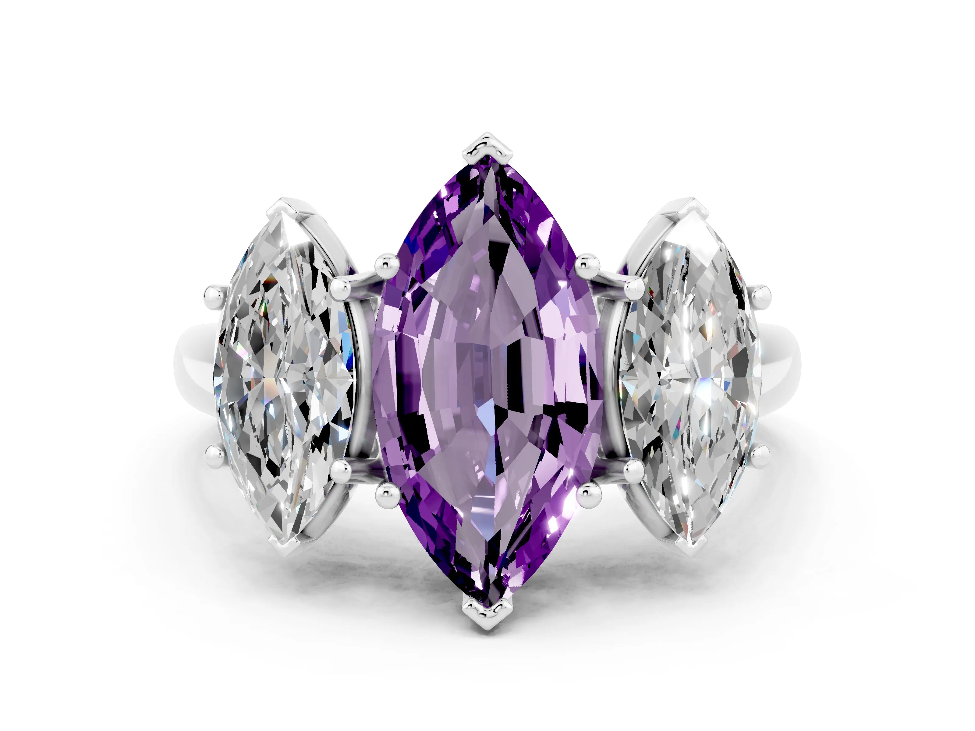 White gold Three-Stone Marquise Cut Amethyst Engagement Ring with Prong Setting