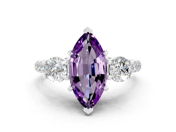 Platinum Three-Stone Marquise Cut Amethyst Pavé Band with Four-Prong Setting
