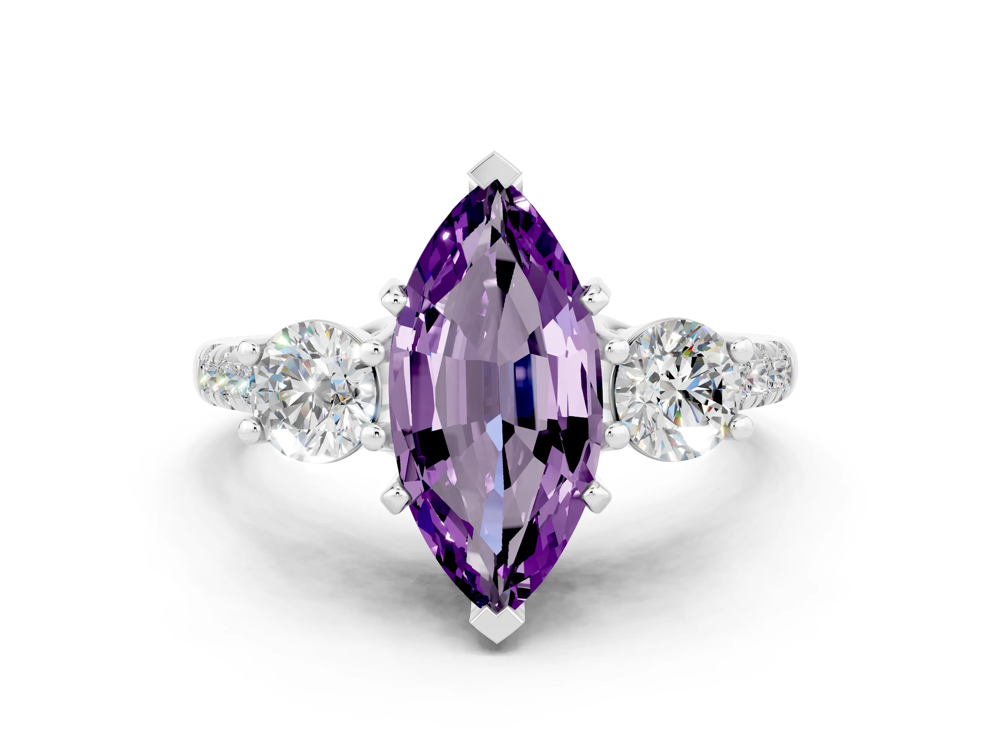 White gold Three-Stone Marquise Cut Amethyst Pavé Band with Four-Prong Setting