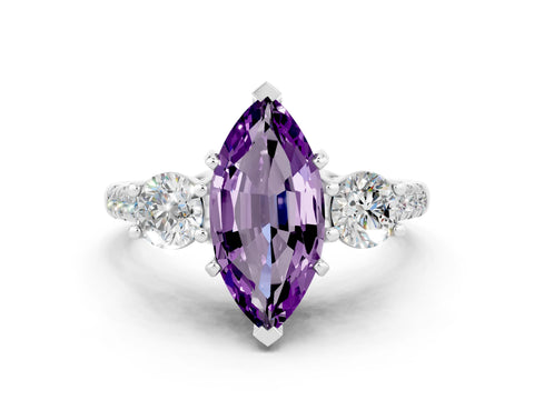 White gold Three-Stone Marquise Cut Amethyst Pavé Band with Four-Prong Setting