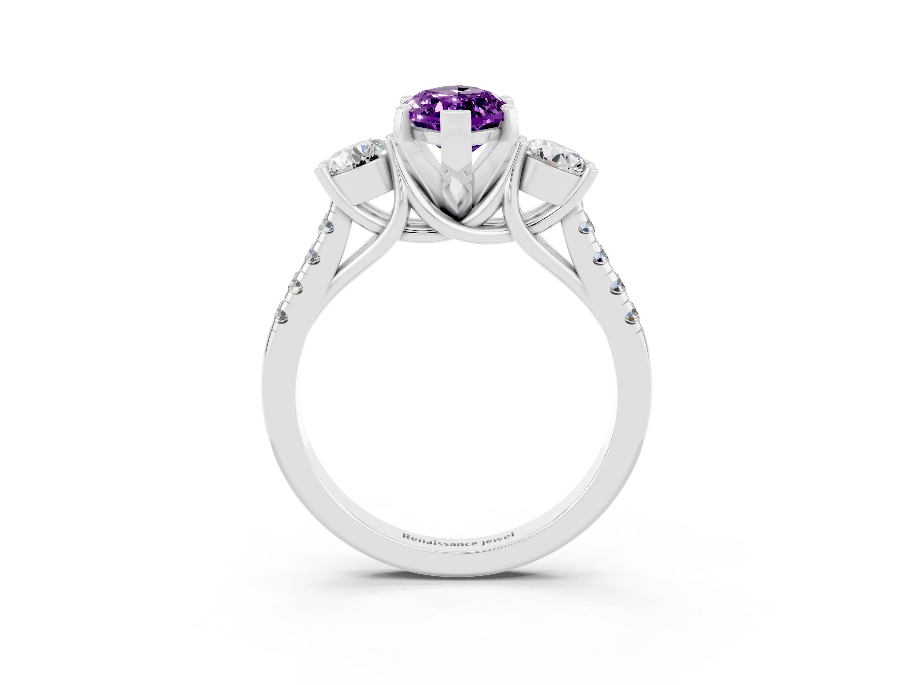 White gold Three-Stone Marquise Cut Amethyst Pavé Band with Four-Prong Setting_3