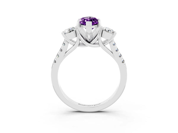 White gold Three-Stone Marquise Cut Amethyst Pavé Band with Four-Prong Setting