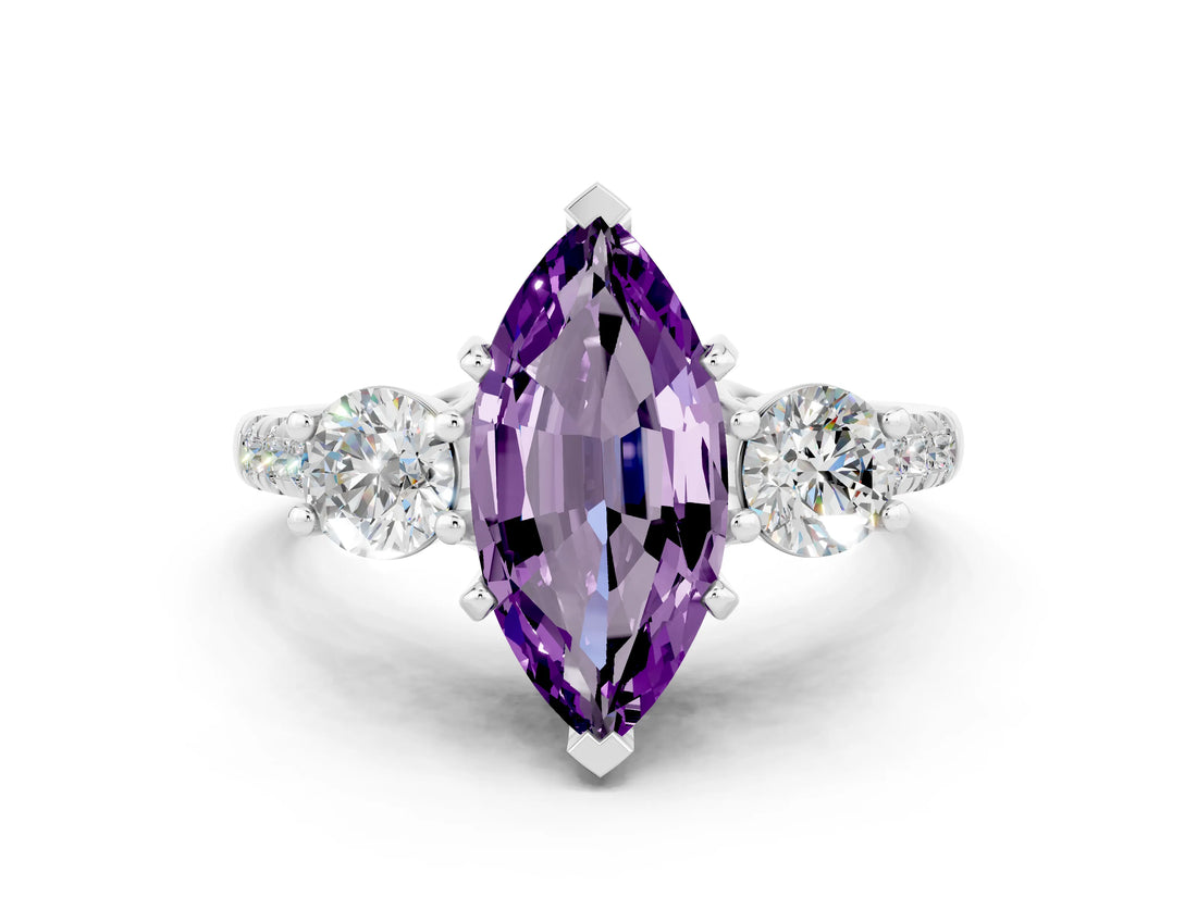 White gold Three-Stone Marquise Cut Amethyst Pavé Band with Four-Prong Setting