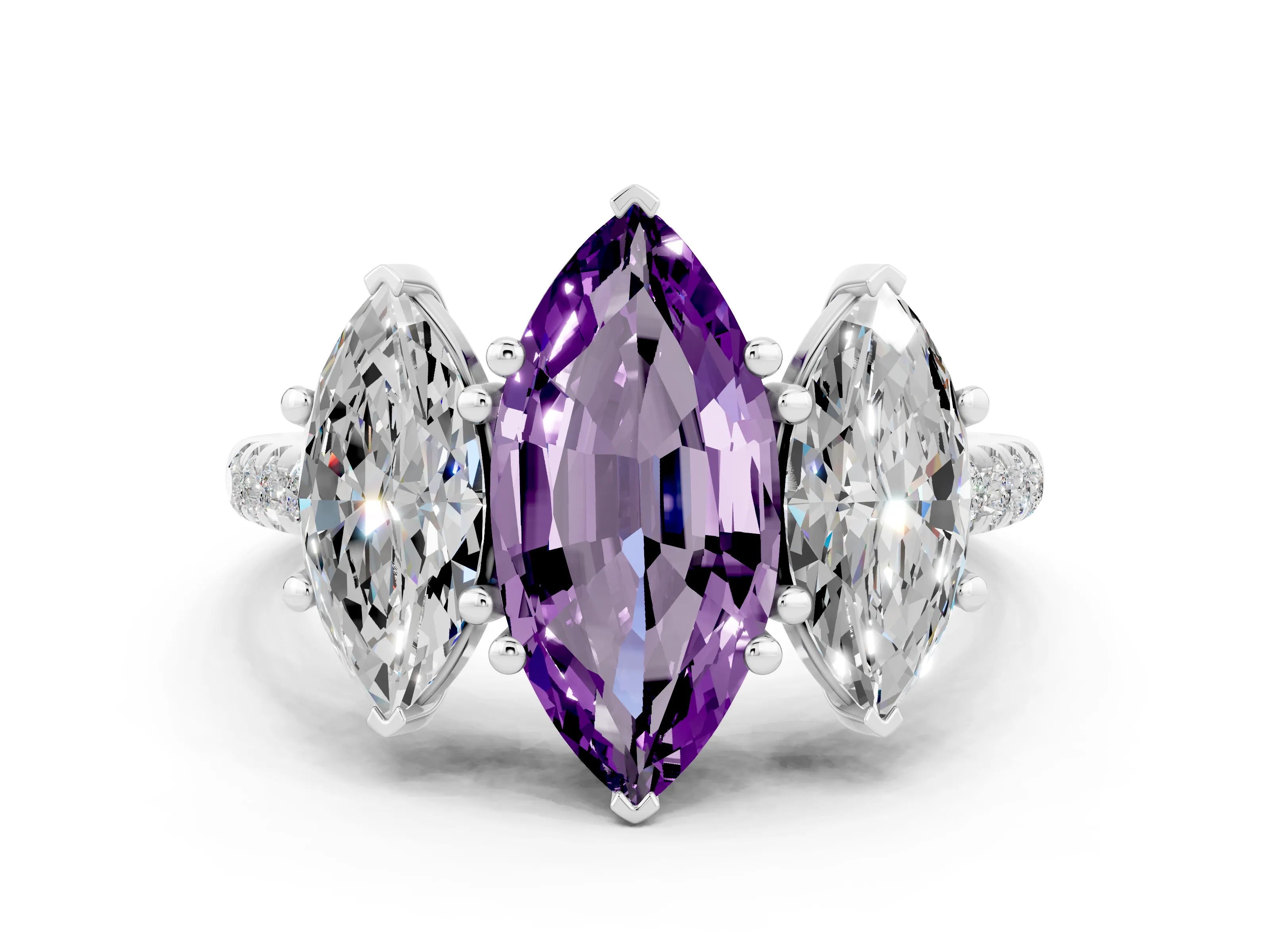White gold Three-Stone Marquise Cut Amethyst Ring with Pavé Band and Prong Setting_12