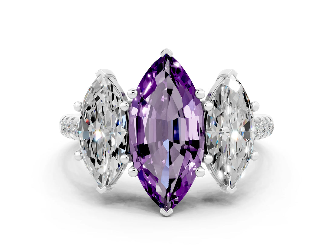 White gold Three-Stone Marquise Cut Amethyst Ring with Pavé Band and Prong Setting_12