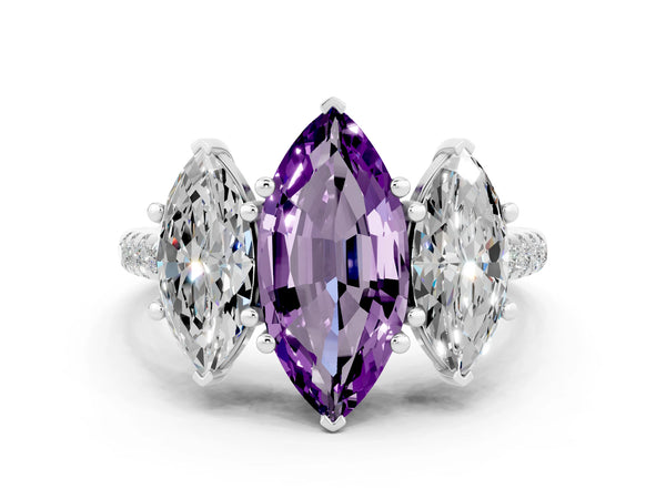 Silver Three-Stone Marquise Cut Amethyst Ring with Round  Pavé Band and Prong Setting