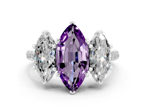 White gold Three-Stone Marquise Cut Amethyst Ring with Pavé Band and Prong Setting_12