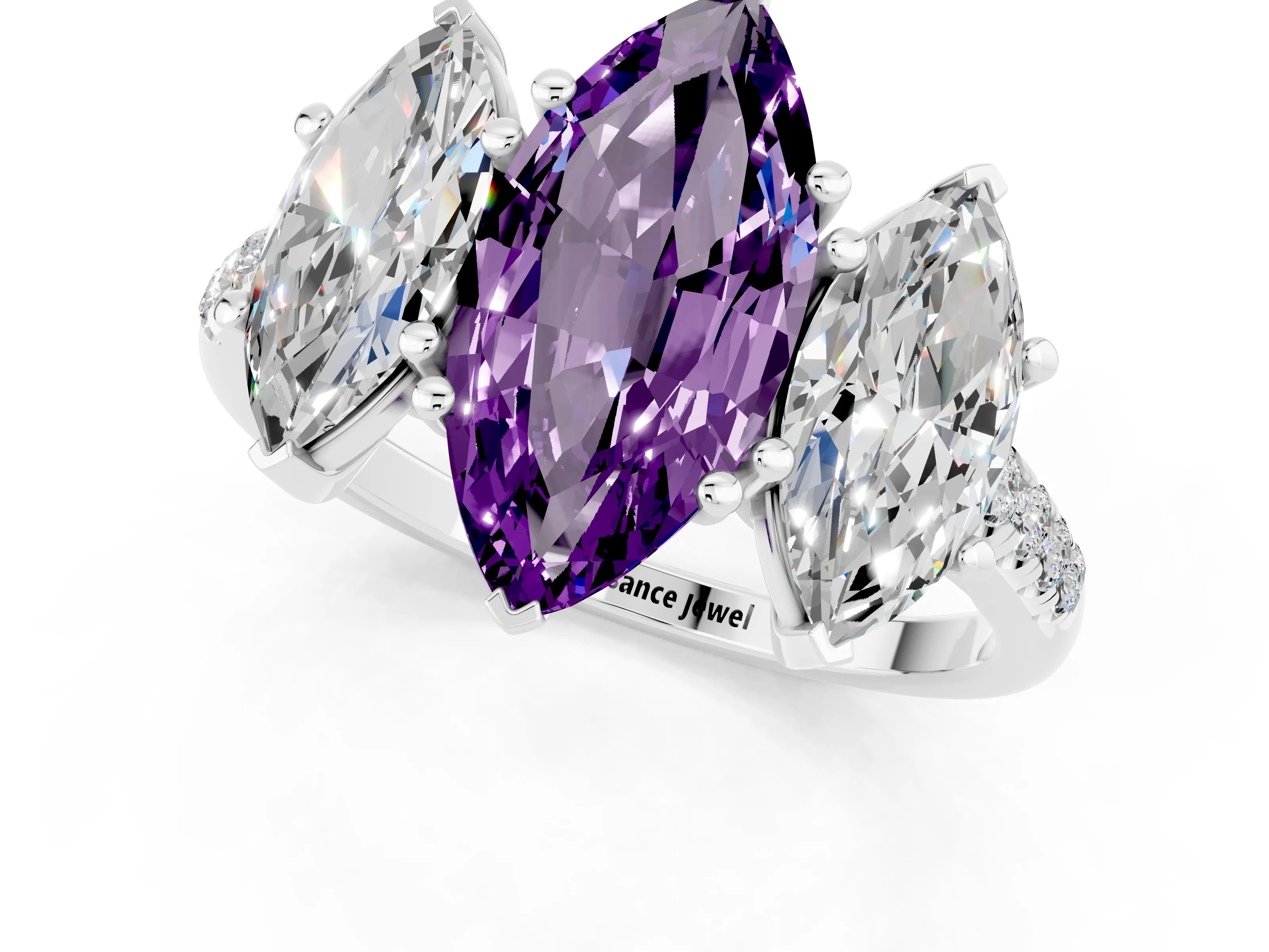 White gold Three-Stone Marquise Cut Amethyst Ring with Pavé Band and Prong Setting_13