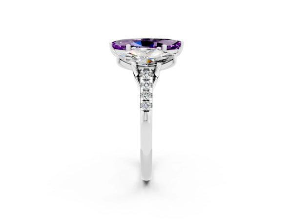 Platinum Three-Stone Marquise Cut Amethyst Ring with Round  Pavé Band and Prong Setting