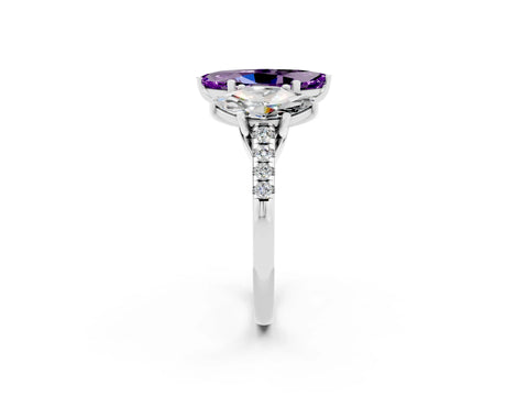 White gold Three-Stone Marquise Cut Amethyst Ring with Pavé Band and Prong Setting_14