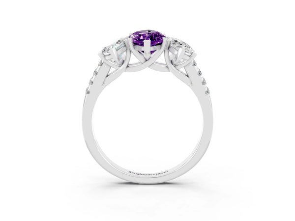 White gold Three-Stone Marquise Cut Amethyst Ring with Round  Pavé Band and Prong Setting