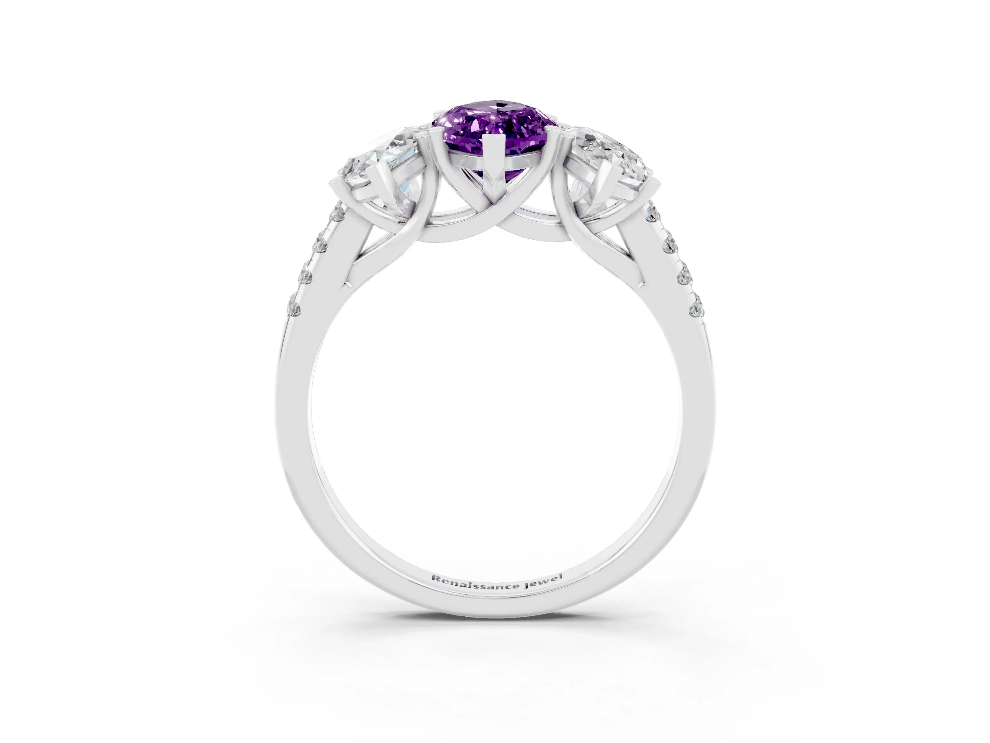 White gold Three-Stone Marquise Cut Amethyst Ring with Pavé Band and Prong Setting_15