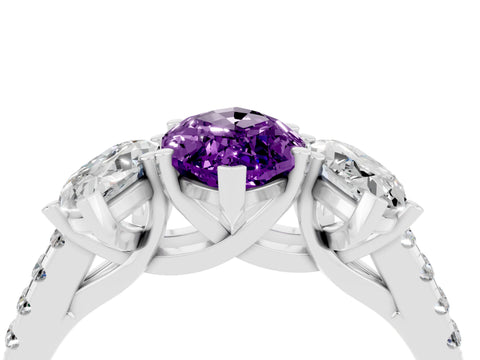White gold Three-Stone Marquise Cut Amethyst Ring with Pavé Band and Prong Setting_16