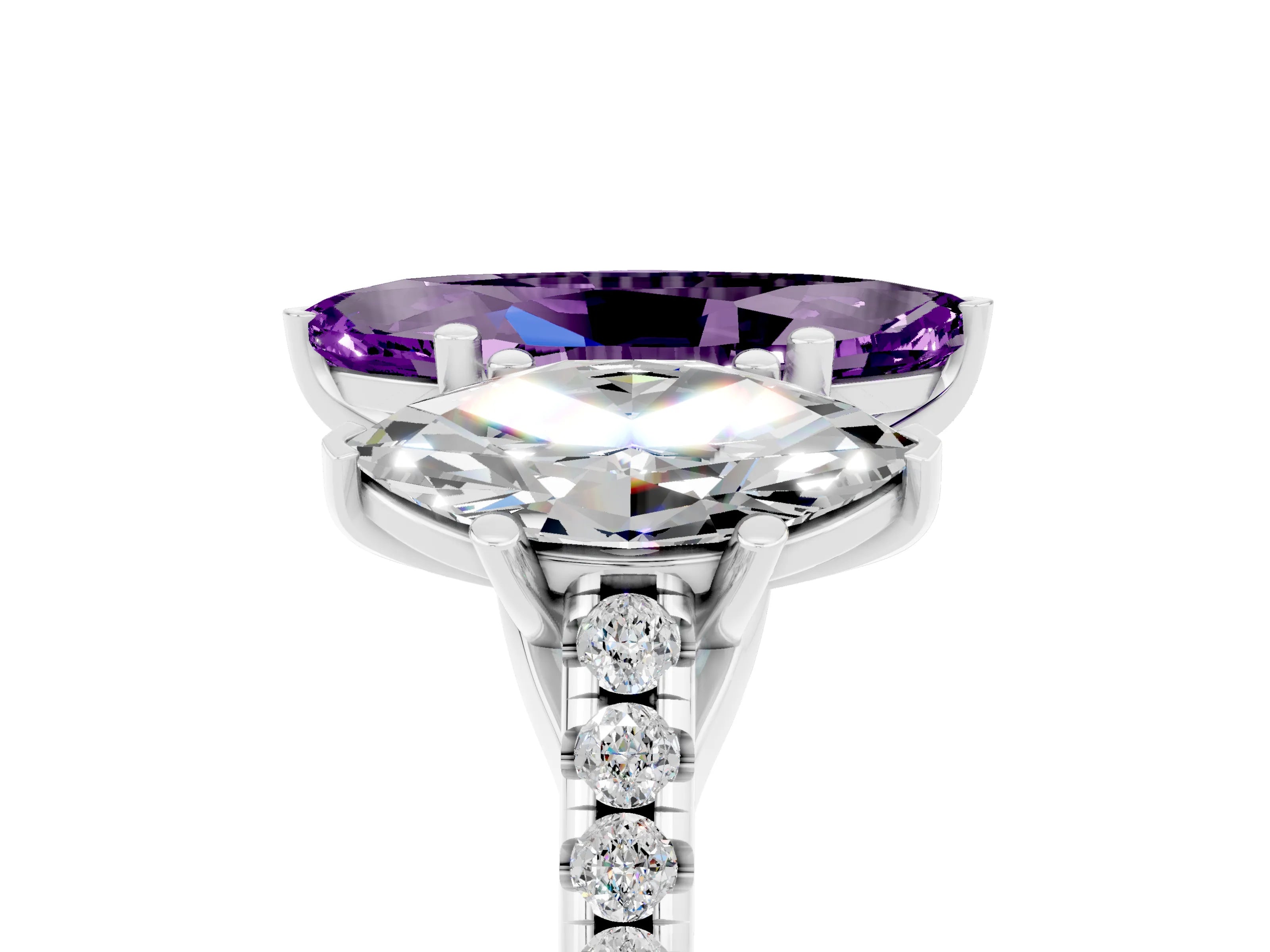 White gold Three-Stone Marquise Cut Amethyst Ring with Pavé Band and Prong Setting_17
