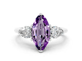 White gold Three-Stone Marquise Cut Amethyst Ring with Pear Side Stones and Four-Prong Setting