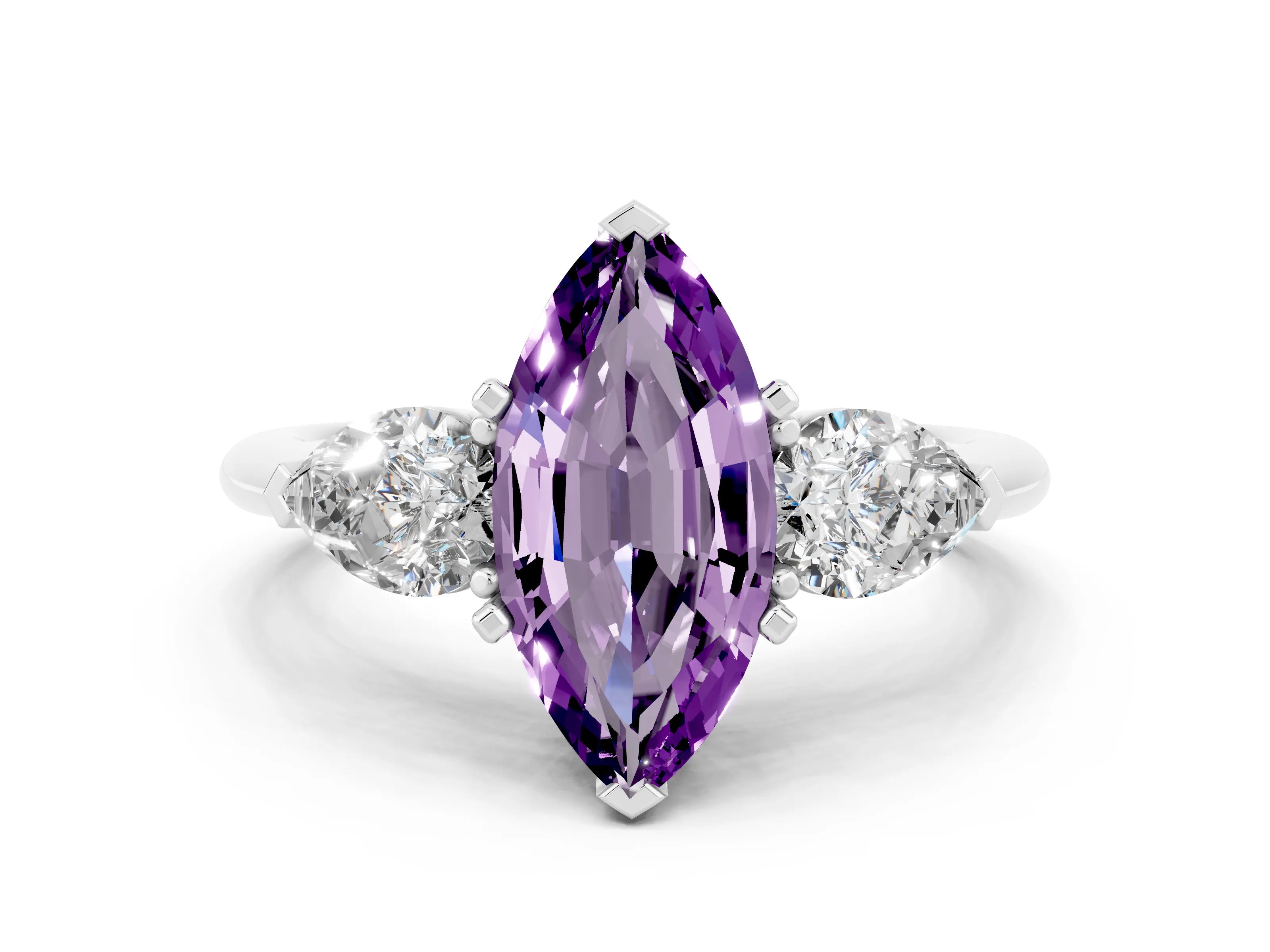 White gold Three-Stone Marquise Cut Amethyst Ring with Pear Side Stones and Four-Prong Setting