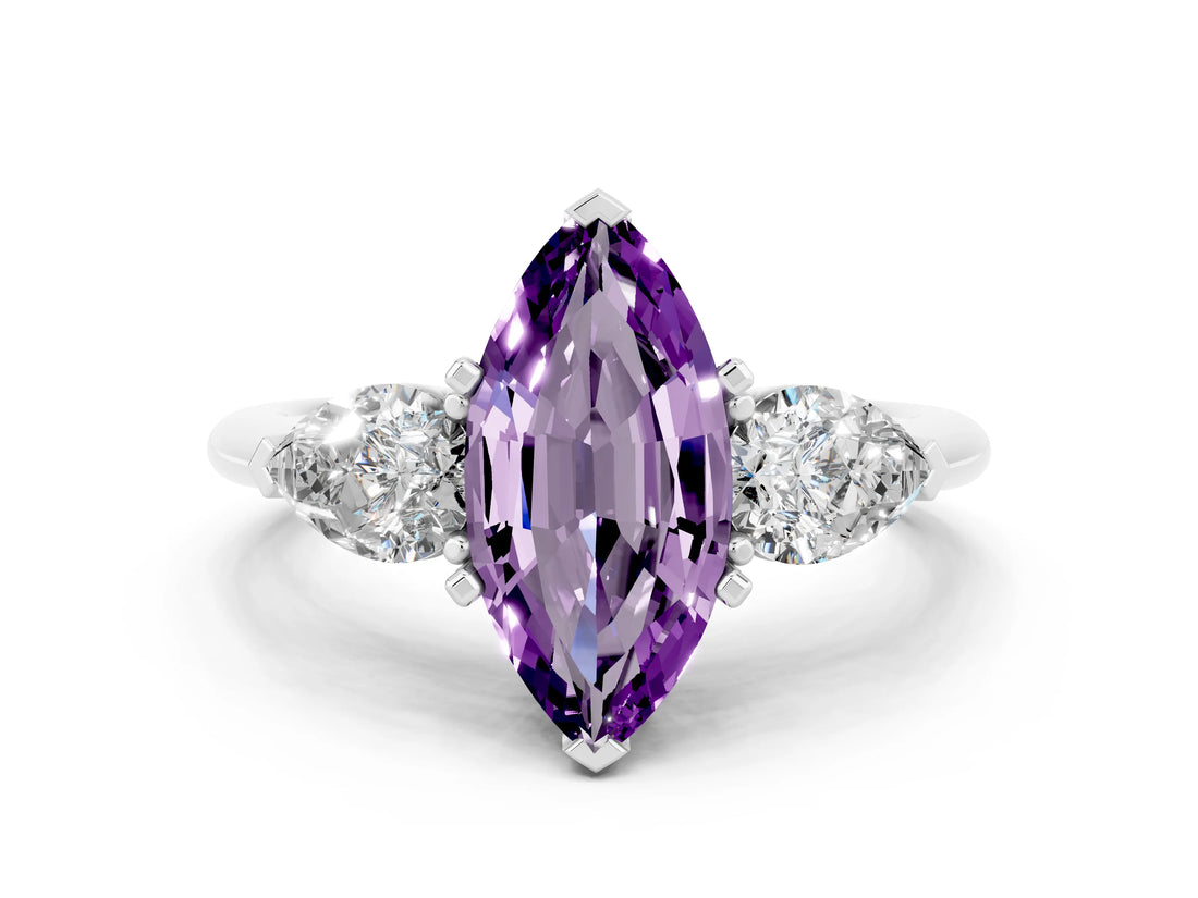 White gold Three-Stone Marquise Cut Amethyst Ring with Pear Side Stones and Four-Prong Setting
