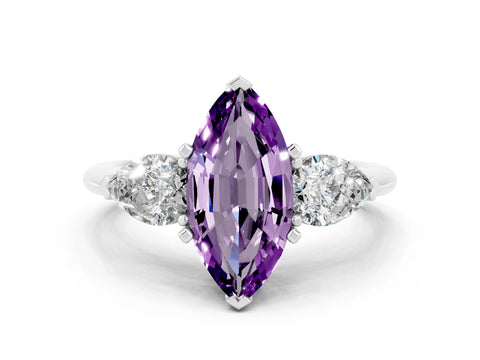 White gold Three-Stone Marquise Cut Amethyst Ring with Pear Side Stones and Four-Prong Setting