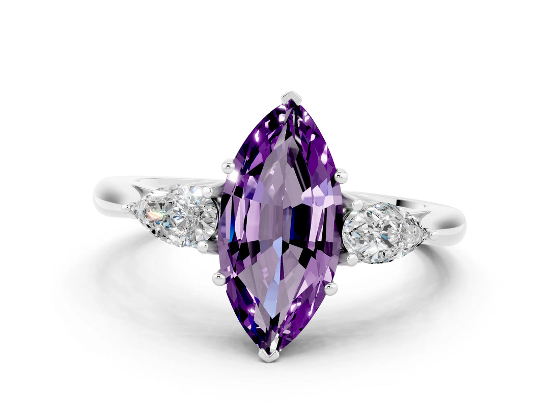 White gold Three-Stone Marquise Cut Amethyst Ring with Pear  Side Stones in Four-Prong Setting_12