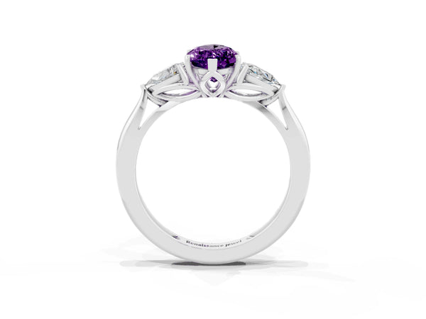 White Gold Marquise Amethyst Three Stone Engagement Ring with Pear Side Stones and Thin Band