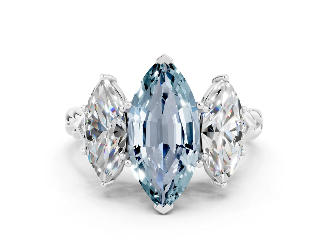 White gold Three-Stone Marquise Cut Aquamarine Braided Band Ring with Four-Prong Setting_12