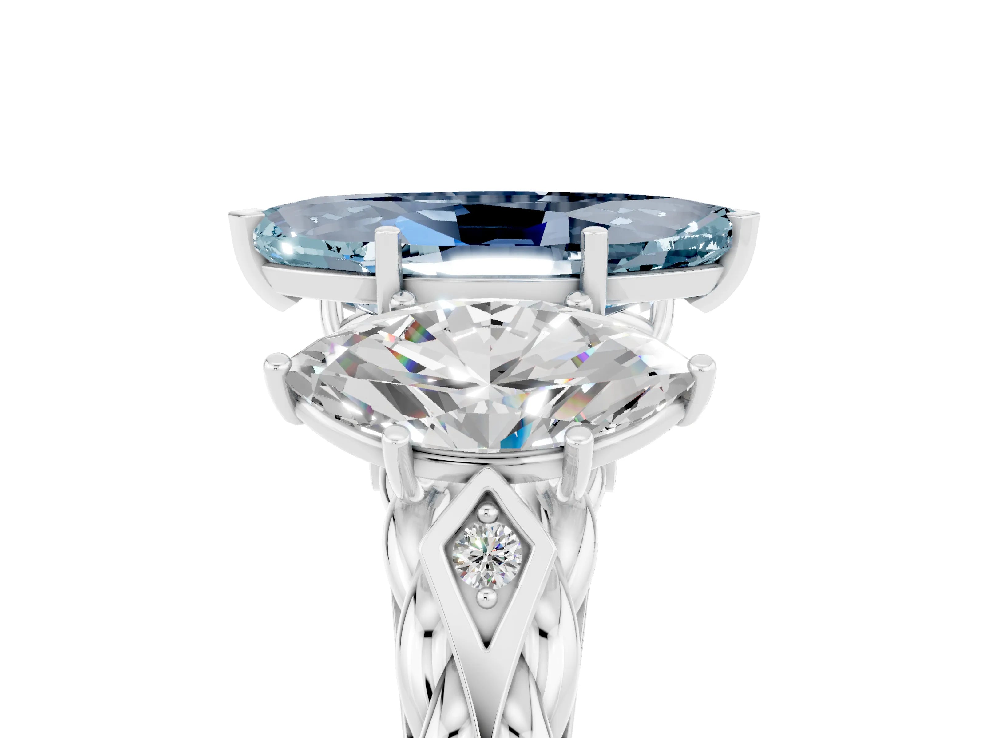 White gold Three-Stone Marquise Cut Aquamarine Braided Band Ring with Four-Prong Setting_17