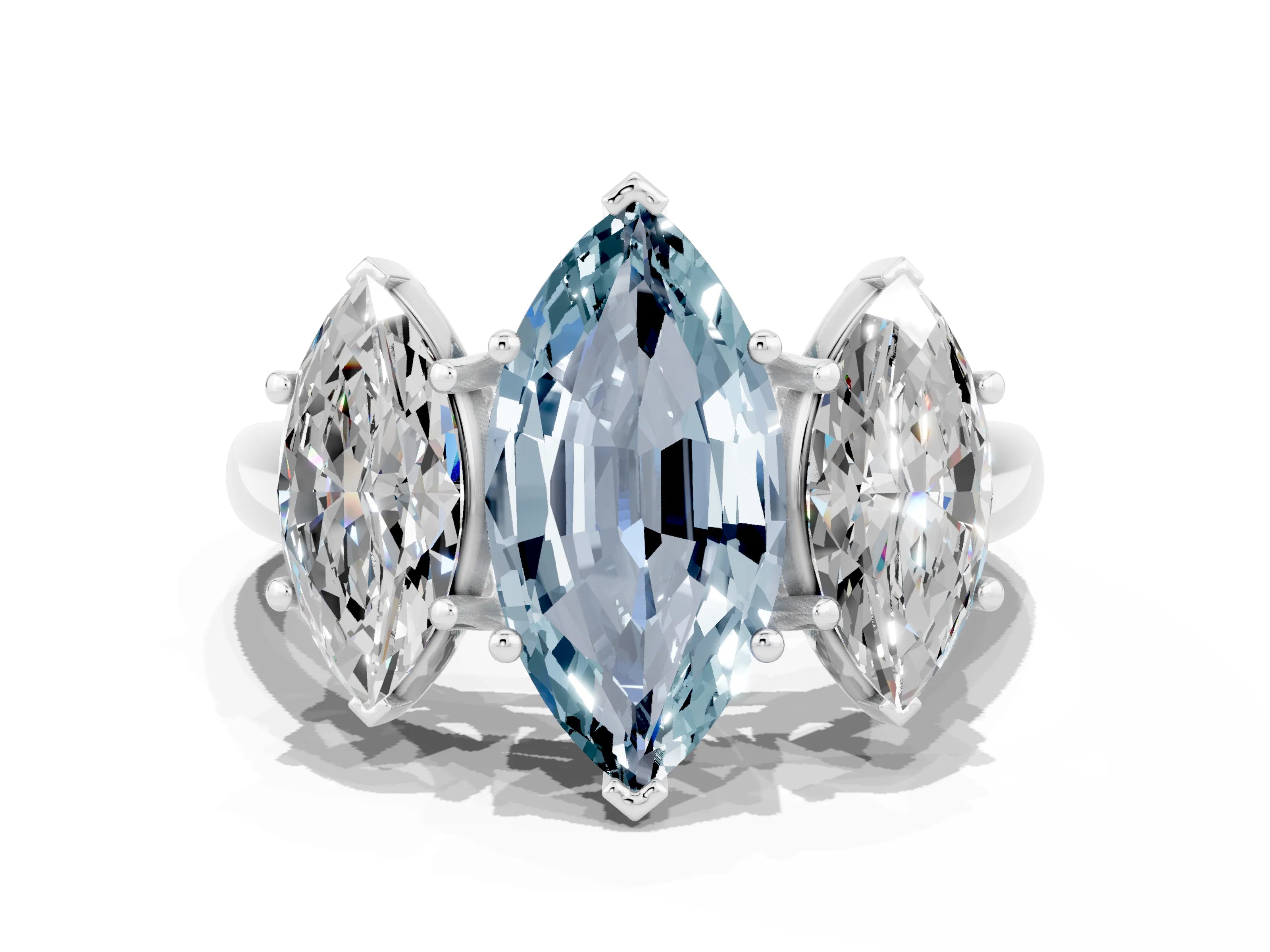 White gold Three-Stone Marquise Cut Aquamarine Engagement Ring with Prong Setting