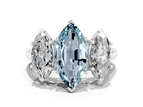 Silver Three-Stone Marquise Cut Aquamarine Engagement Ring with Prong Setting