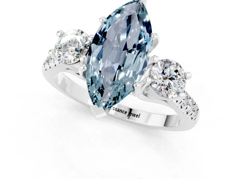 White gold Three-Stone Marquise Cut Aquamarine Pavé Band with Four-Prong Setting_1