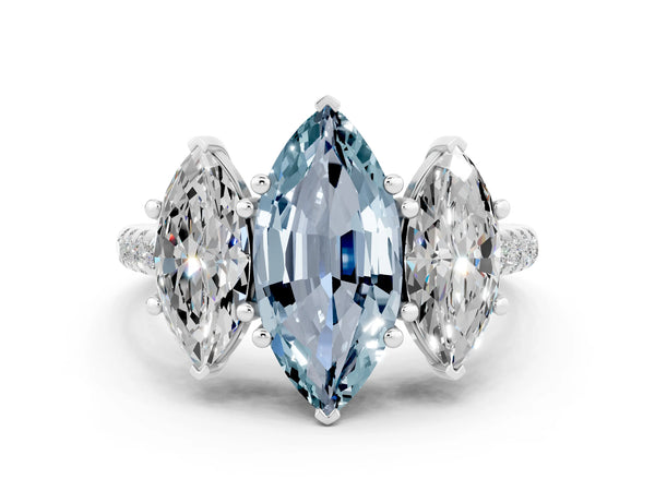 White gold Three-Stone Marquise Cut Aquamarine Ring with Round  Pavé Band and Prong Setting