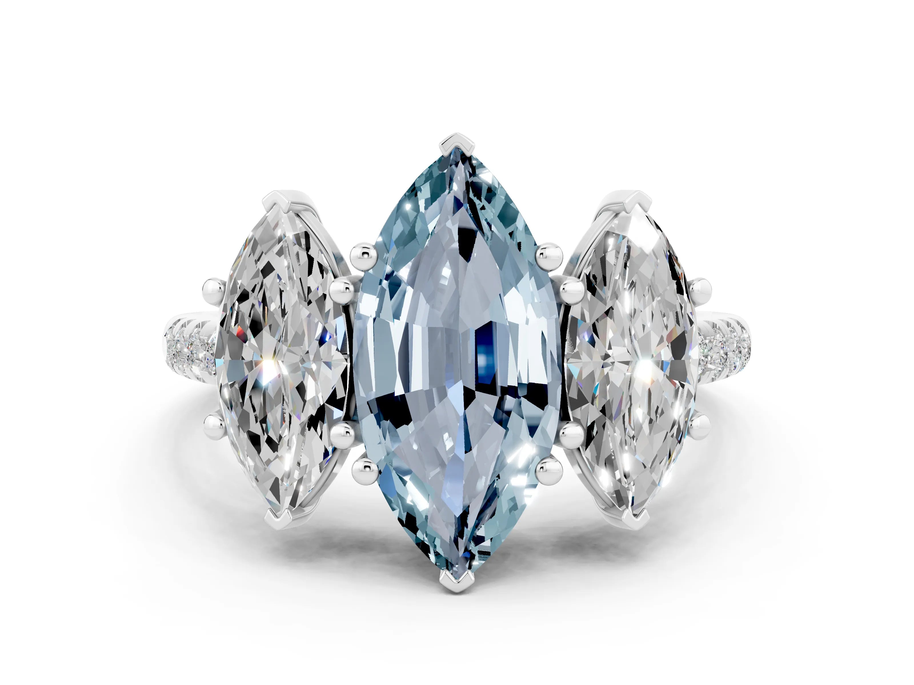 White gold Three-Stone Marquise Cut Aquamarine Ring with Pavé Band and Prong Setting_12
