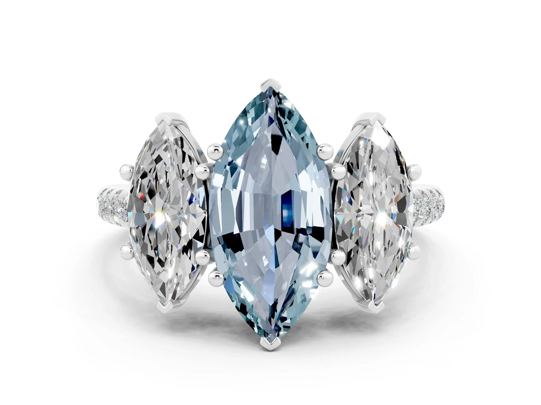White gold Three-Stone Marquise Cut Aquamarine Ring with Pavé Band and Prong Setting_12