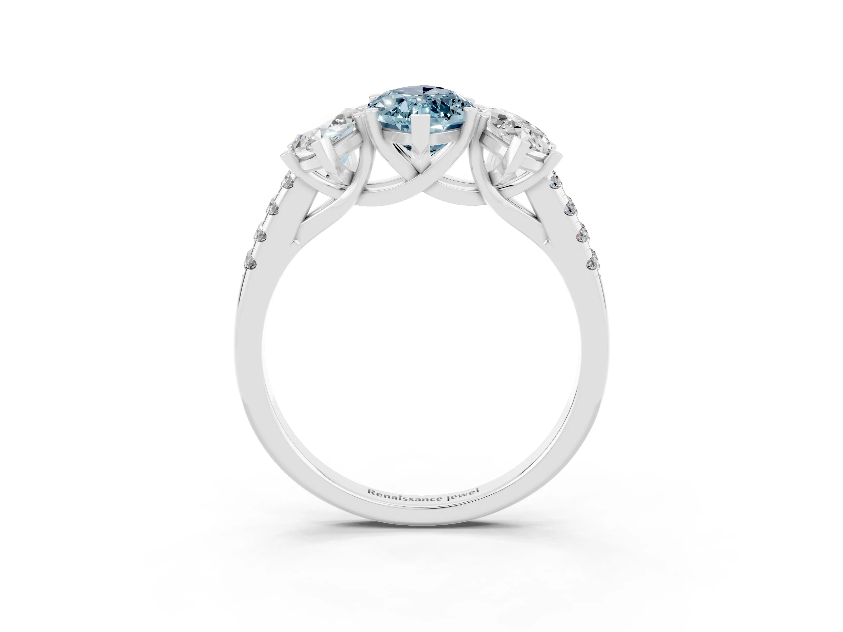 White gold Three-Stone Marquise Cut Aquamarine Ring with Pavé Band and Prong Setting_15