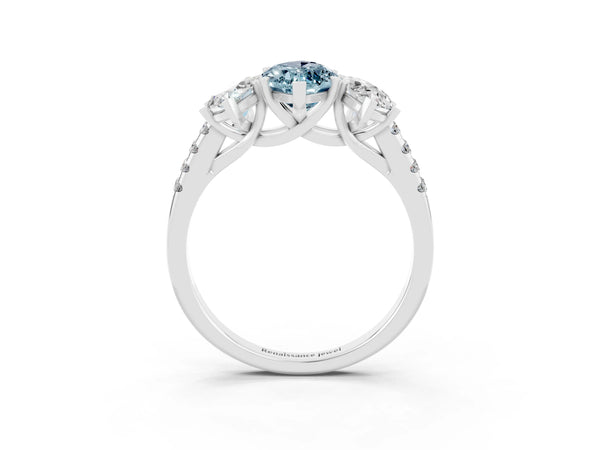 Silver Three-Stone Marquise Cut Aquamarine Ring with Round  Pavé Band and Prong Setting