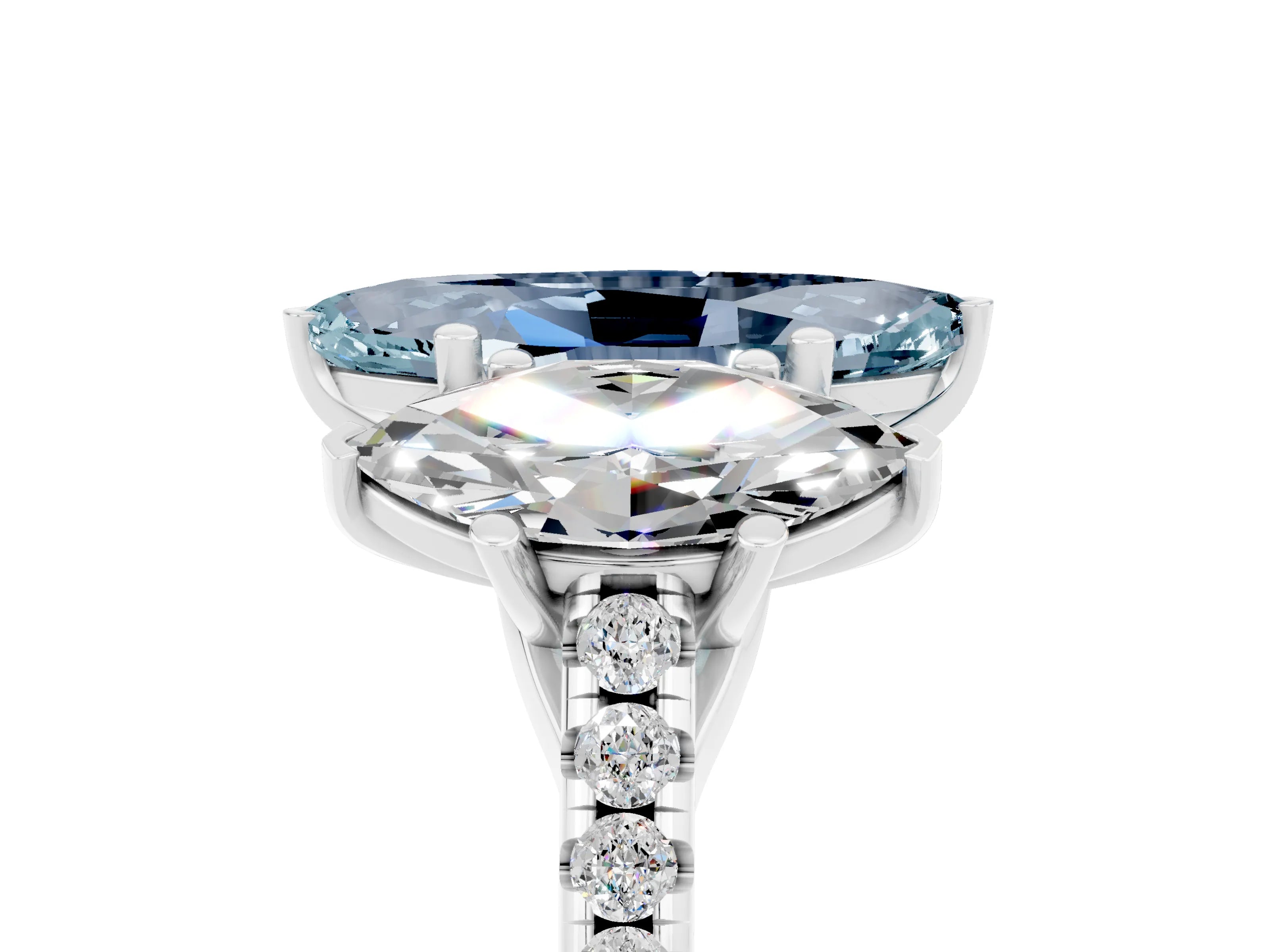 White gold Three-Stone Marquise Cut Aquamarine Ring with Pavé Band and Prong Setting_17