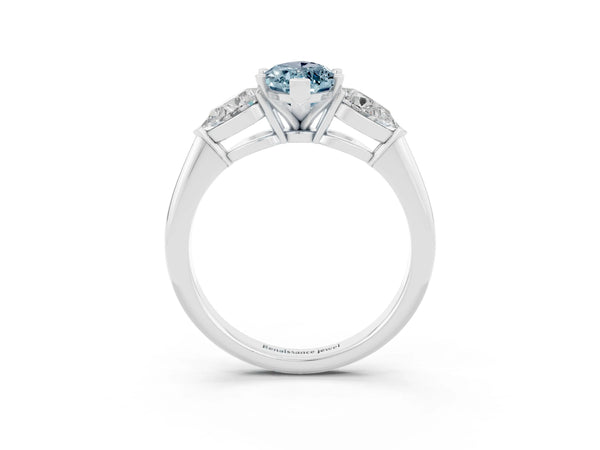 Platinum Three-Stone Marquise Cut Aquamarine Ring with Pear Side Stones and Four-Prong Setting