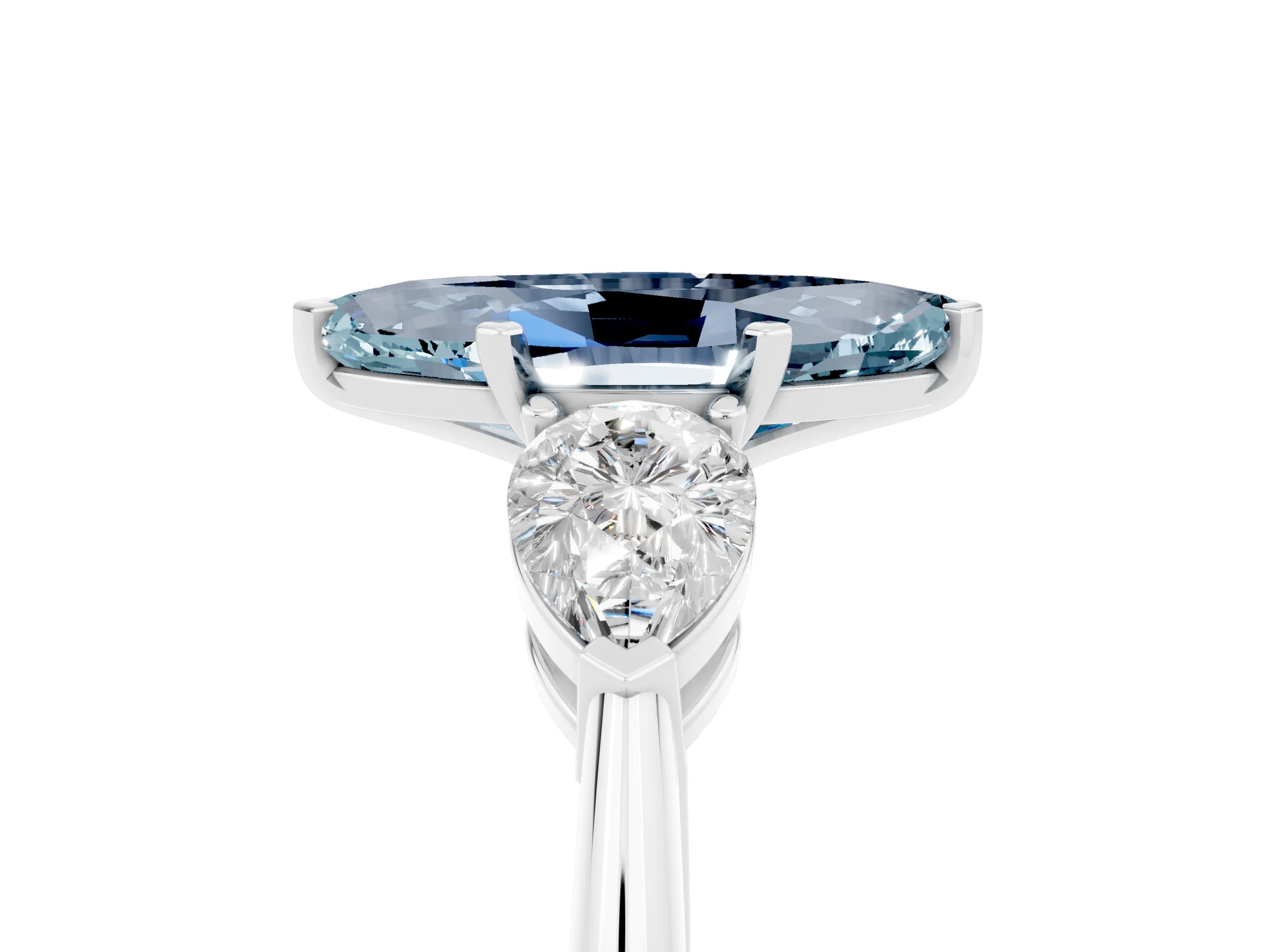White gold Three-Stone Marquise Cut Aquamarine Ring with Pear Side Stones and Four-Prong Setting_5