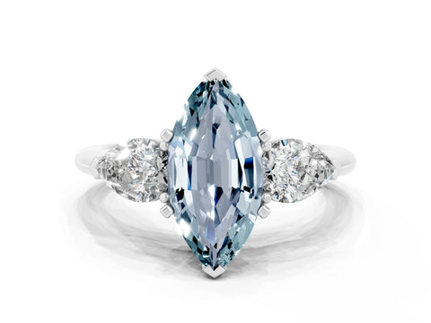 White gold Three-Stone Marquise Cut Aquamarine Ring with Pear Side Stones and Four-Prong Setting