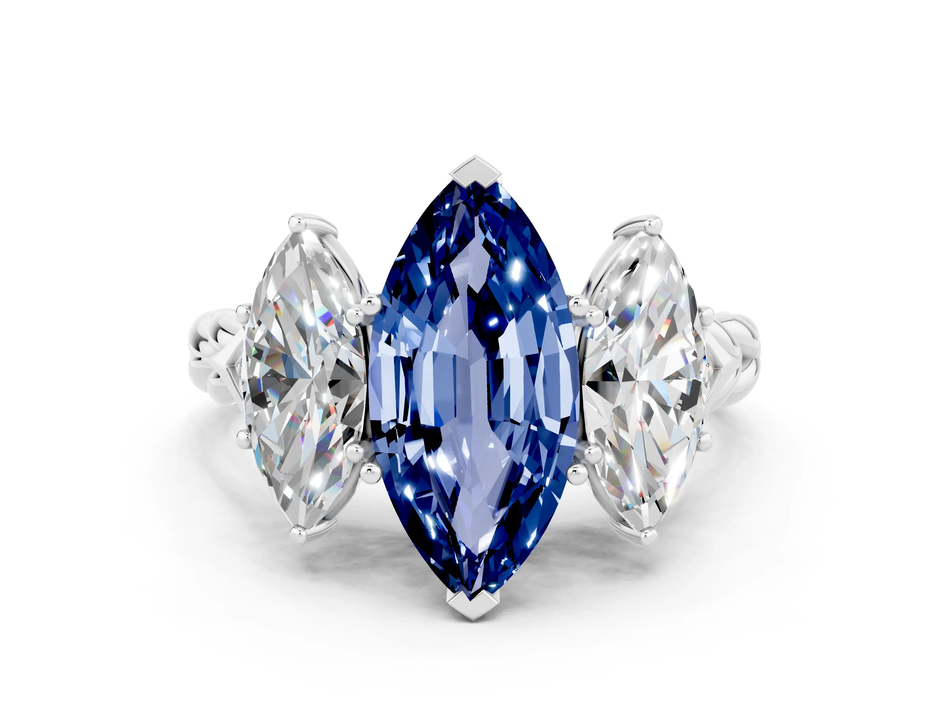White gold Three-Stone Marquise Cut Blue Sapphire Braided Band Ring with Four-Prong Setting_12