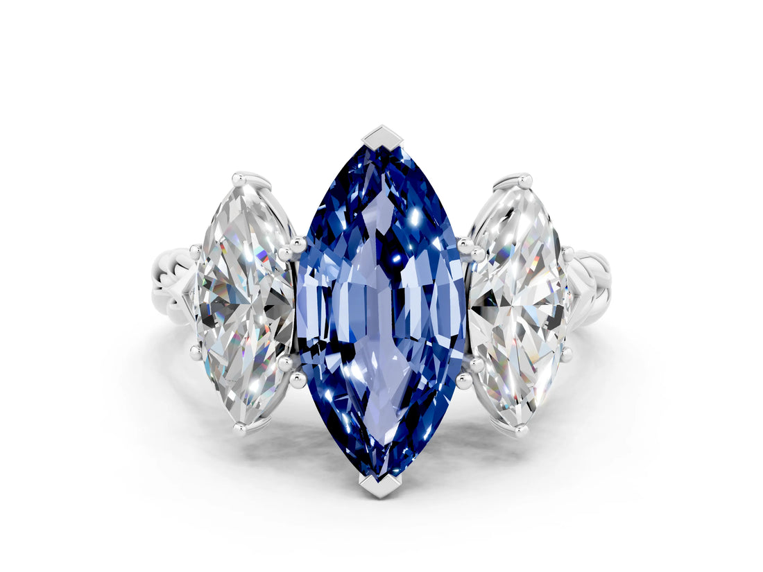 White gold Three-Stone Marquise Cut Blue Sapphire Braided Band Ring with Four-Prong Setting_12
