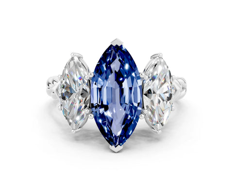 White gold Three-Stone Marquise Cut Blue Sapphire Braided Band Ring with Four-Prong Setting_12