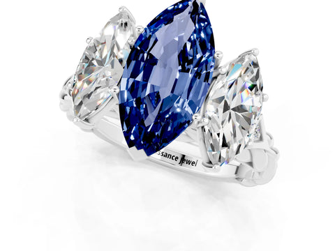 White gold Three-Stone Marquise Cut Blue Sapphire Braided Band Ring with Four-Prong Setting_13