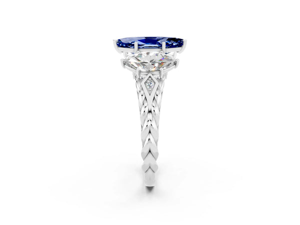 Silver Three-Stone Marquise Cut Blue Sapphire Braided Band Ring with Four-Prong Setting